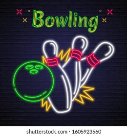 Bowling Neon Light Glowing Vector Illustration Bright Light. Neon Sign, Logo Dynamic Design