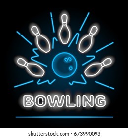 Bowling Neon Sigh. Vector Clip Art Illustration.