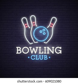 Bowling neon sign. bright signboard, light banner. Bowling club logo, emblem. 