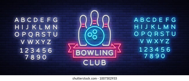 Bowling is a neon sign. Symbol emblem, Neon style logo, Luminous advertising banner, bright billboard, Design template for the Bowling Club, Tournaments. Vector illustration. Editing text neon sign