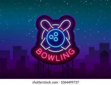 Bowling is a neon sign. Symbol emblem, Neon style logo, Luminous advertising banner, Night bright luminous billboard, Design template for the Bowling Club, Bowling Tournaments. Vector illustration