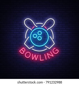 Bowling is a neon sign. Symbol emblem, Neon style logo, Luminous advertising banner, Night bright luminous billboard, Design template for the Bowling Club, Bowling Tournaments. Vector illustration.