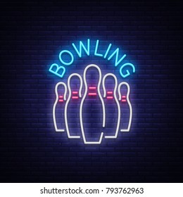 Bowling is a neon sign. Symbol emblem, Neon style logo, Luminous advertising banner, Night bright luminous billboard, Design template for the Bowling Club, Bowling Tournaments. Vector illustration.