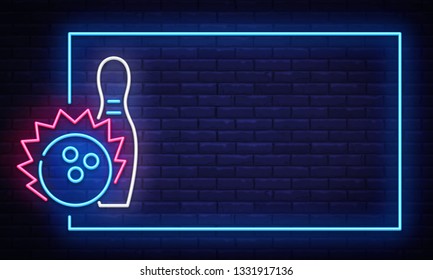 Bowling neon sign vector. Neon Frame Bowling Club Design template, light banner, night signboard, nightly bright advertising, light inscription. Vector illustration