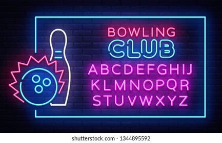 Bowling neon sign vector. Neon Frame Bowling Club Design template, light banner, night signboard, nightly bright advertising, light inscription. Vector illustration. Editing text neon sign