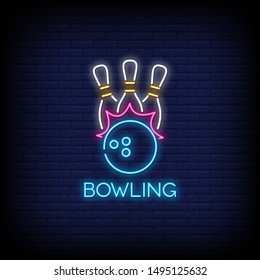 Bowling neon signs style vector. Bowling neon signs design template