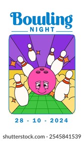 Bowling Night Event Poster Featuring a Cheerful Pink Bowling Ball and Striking Pins Cartoon Retro Vintage Illustration