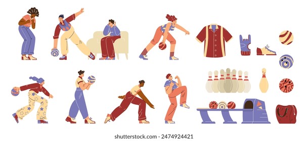 Bowling night out. Vector set of illustrations showing players in various poses, equipment, and elements of a bowling alley.