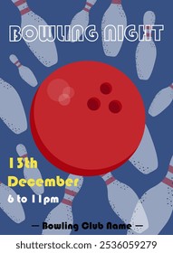 Bowling night poster template. Bowling ball and pins on blue background. Bowling club A4 scaled illustration.