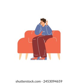 Bowling night. Vector illustration: Relaxed man on the sofa, eagerly watching the game and waiting for his turn to play. Flat character design, on an isolated background.