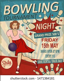 Bowling Night vintage poster with girl playing bowling in club.