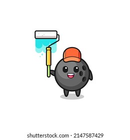 the bowling painter mascot with a paint roller , cute design