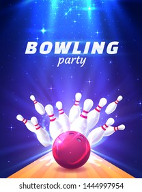 Bowling party club poster with the bright background. Vector illustration