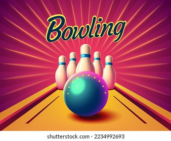 Bowling party club poster with the bright background. Vector illustration