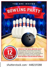 A bowling party flyer template great for birthday parties, bowling leagues and tournaments. Layered vector EPS 10 available. Type is outlined in vector.