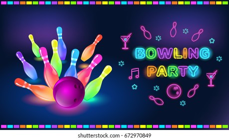 Bowling party template. Tv size banner. Vector clip art illustration.