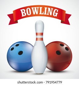 Bowling pin with 2 balls and red ribbon on the white background. Eps 10 vector file.