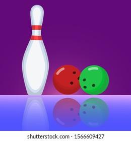 Bowling pin and bowling ball flat vector image on gradient background with reflection. Bowling concept