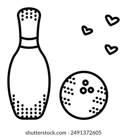 Bowling pin, ball and hearts. Vector monochrome illustration, icon of sport equipment, editable stroke