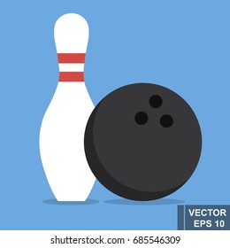 Bowling. A pin and a ball. The icon. Isolated on blue background. For your design.