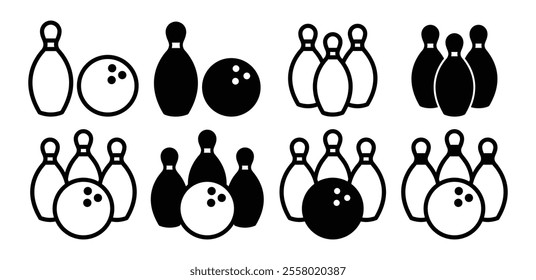 bowling pin bowling ball icon symbol vector design simple outline black white color illustration collection sets