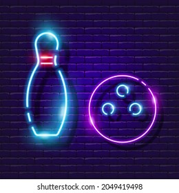 Bowling pin and ball neon icon. Vector illustration for design. Glowing game sign. Sports concept. Bowling club sign.