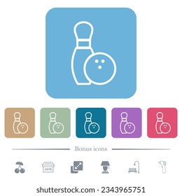 Bowling pin and ball outline white flat icons on color rounded square backgrounds. 6 bonus icons included