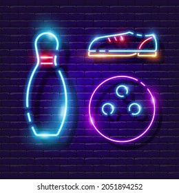 Bowling pin, ball and shoes neon icon. Vector illustration for design. Glowing game sign. Sports concept. Bowling club sign.