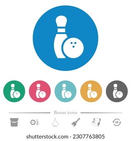 Bowling pin and ball solid flat white icons on round color backgrounds. 6 bonus icons included.