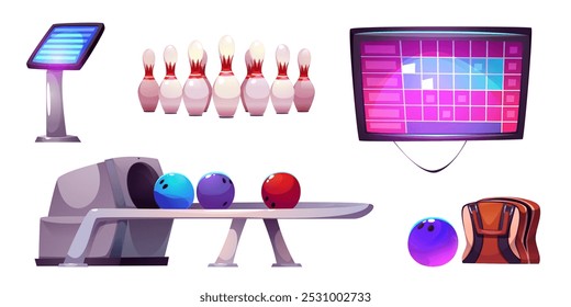 Ilustração de jogo de vetor de bola e pino de boliche. Torneio de Strike com skittles. Conjunto de ícones isolados do Kegling championship. Viela de movimento para esfera e tela de jogo com design de placar