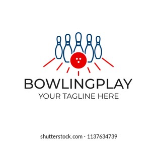 Bowling pin with ball and white pins for game, logo template. Playing bowling, game, leisure and sport, vector design. Entertaining bowling club, illustration