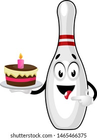 Bowling pin with birthday cake, illustration, vector on white background.