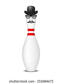 Bowling pin with bowler hat, mustache and glasses 