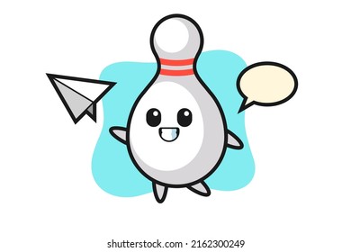 bowling pin cartoon character throwing paper airplane , cute style design for t shirt, sticker, logo element