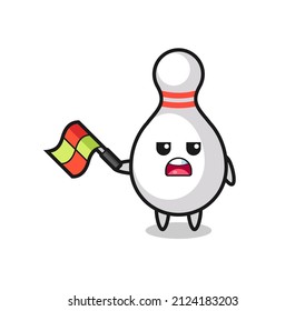bowling pin cartoon as the line judge hold the flag up at a 45 degree angle , cute style design for t shirt, sticker, logo element