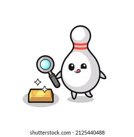 bowling pin character is checking the authenticity of the gold bullion , cute style design for t shirt, sticker, logo element