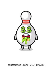 Bowling-Pin-Charakter mit einem Ausdruck der Verrücktheit des Geldes , niedliches Design für T-Shirt, Aufkleber, Logo-Element