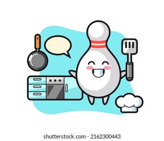 Bowling Pin Character Illustration As A Chef Is Cooking , Cute Style Design For T Shirt, Sticker, Logo Element