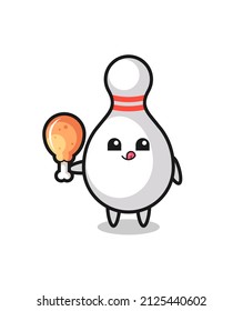 bowling pin cute mascot is eating a fried chicken , cute style design for t shirt, sticker, logo element