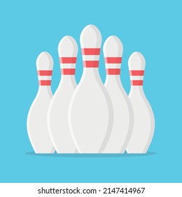 Bowling pin in flat style. Bowling pin group. Skittles with red stripes.Vector stock