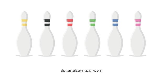 Bowling pin in flat style. Bowling pin group in different colors. Vector stock