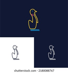 Bowling pin in the form of a vector penguin logo with line style. Logo with neon colors suitable for bowling at night.