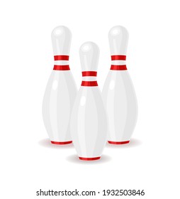 Bowling pin group. Skittles with red stripes. Active and fun to play. Vector illustration isolated on white background.