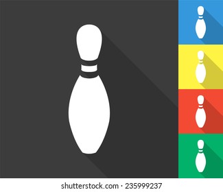 bowling pin icon - gray and colored (blue, yellow, red, green) vector illustration with long shadow