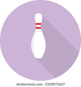 Bowling pin icon with long shadow on purple background, flat design style