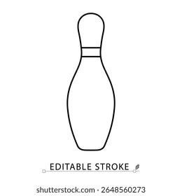 Um ícone de pino de boliche em estilo minimalista com traço editável. Equipamento esportivo, símbolo de jogo, objeto de pista de boliche, alvo de ataque, equipamento recreativo, ilustração de contorno, desenho de linha de vetor.