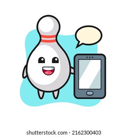 bowling pin illustration cartoon holding a smartphone , cute style design for t shirt, sticker, logo element
