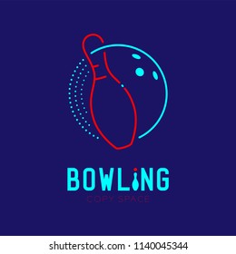 Bowling with pin logo icon outline stroke set dash line design illustration isolated on dark blue background with bowling text and copy space