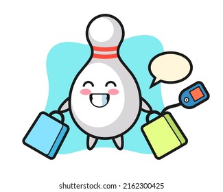 bowling pin mascot cartoon holding a shopping bag , cute style design for t shirt, sticker, logo element