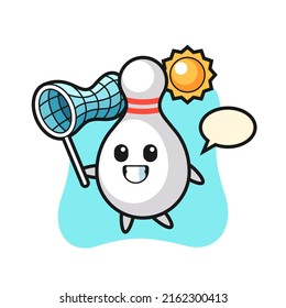 bowling pin mascot illustration is catching butterfly , cute style design for t shirt, sticker, logo element